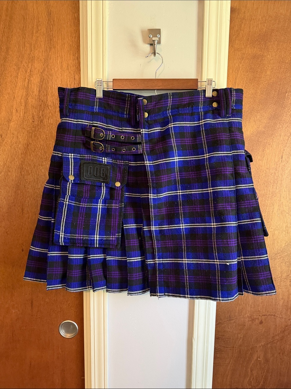Plaid Pleated Utility Kilt in Purple and Black